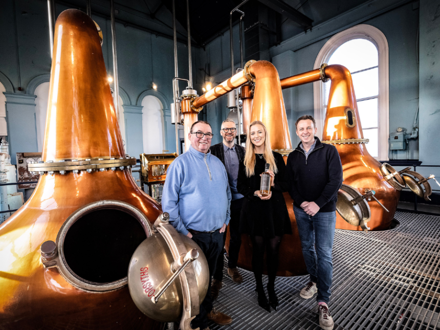 Peter Lavery of Titanic Distillers with David McCurley Director of Whiterock Sara McCrea Investment Manager Whiterock and Stephen Symington