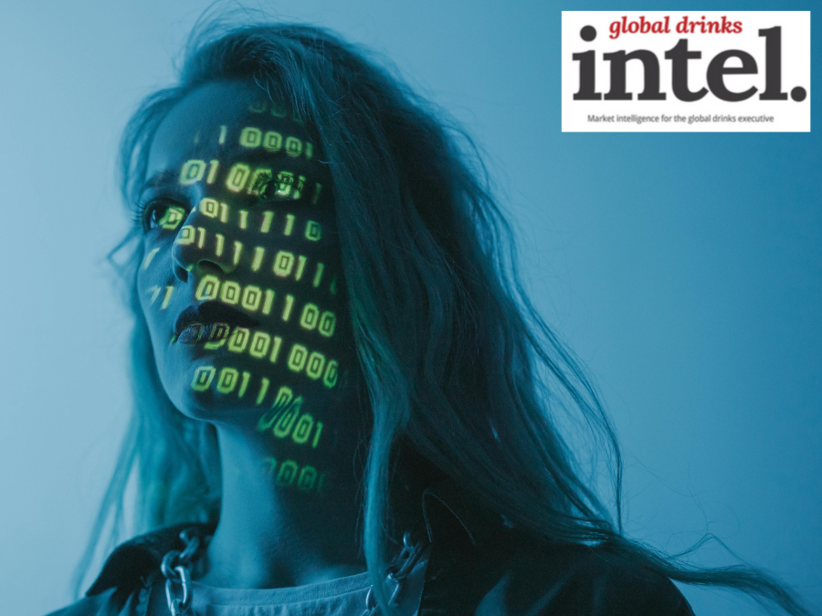 A woman's face overlaid with binary code