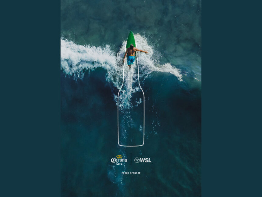Man surfing with Corona bottle design