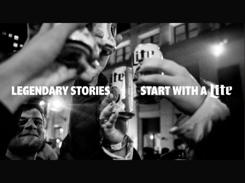 Miller Lite campaign with cans lifted and white writing
