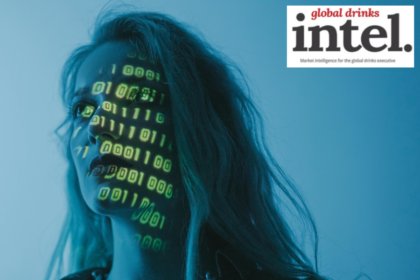 A woman's face overlaid with binary code