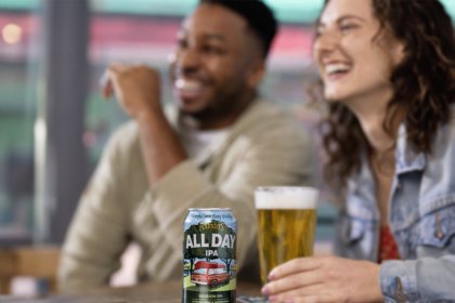 All Day IPA can with serve and two consumers