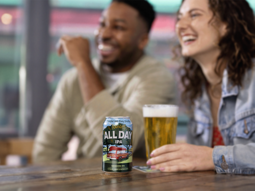 All Day IPA can with serve and two consumers