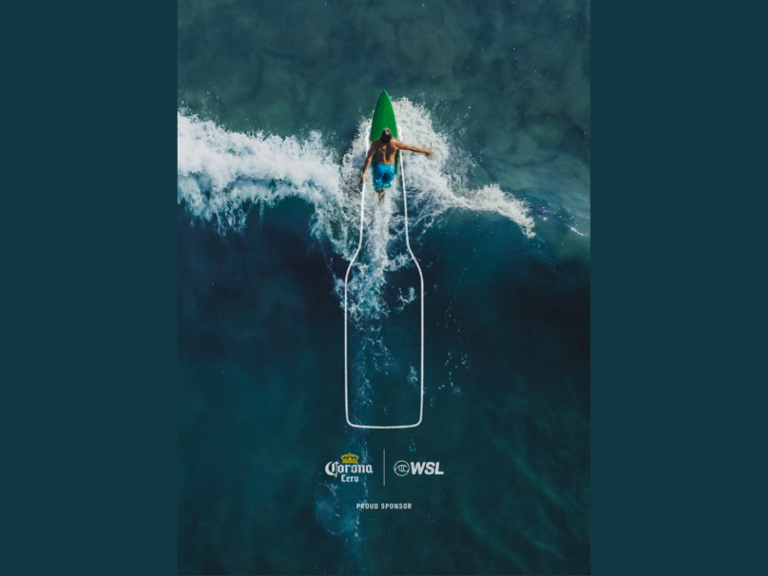 Man surfing with Corona bottle design
