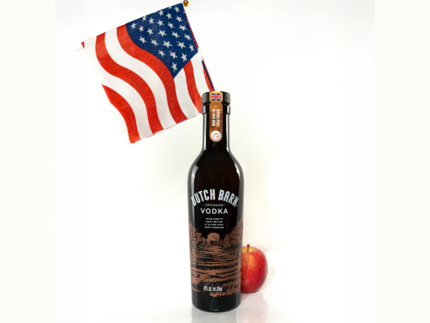 Dutch Barn vodka bottle with US flag and an apple