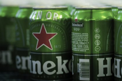 Cans of Heineken on a production line