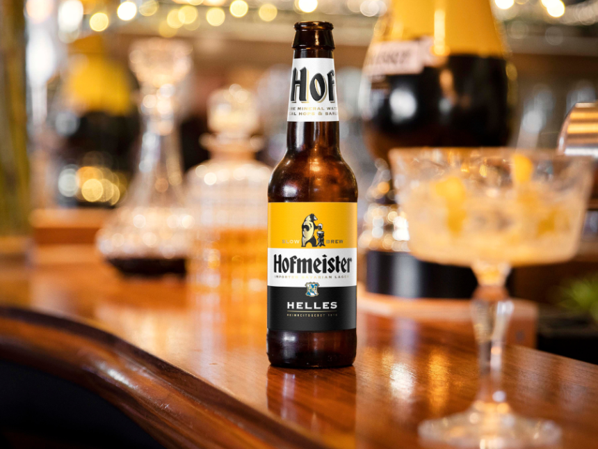 Hofmeister bottle atop bar