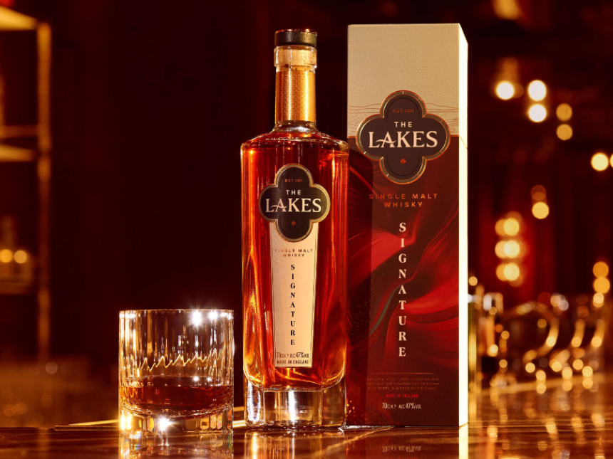 Lakes Distillery Signature bottle next to box and serve