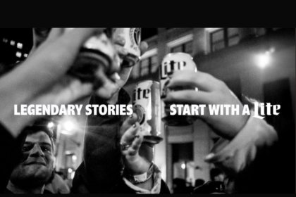 Miller Lite campaign with cans lifted and white writing