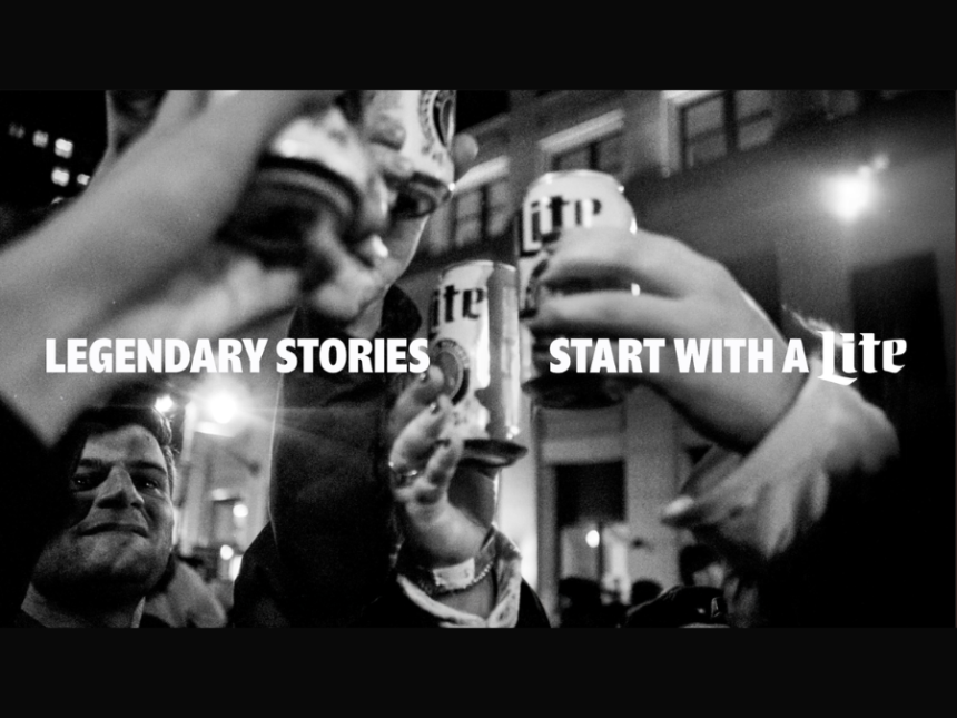 Miller Lite campaign with cans lifted and white writing