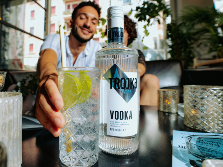 Bottle of Trojka vodka