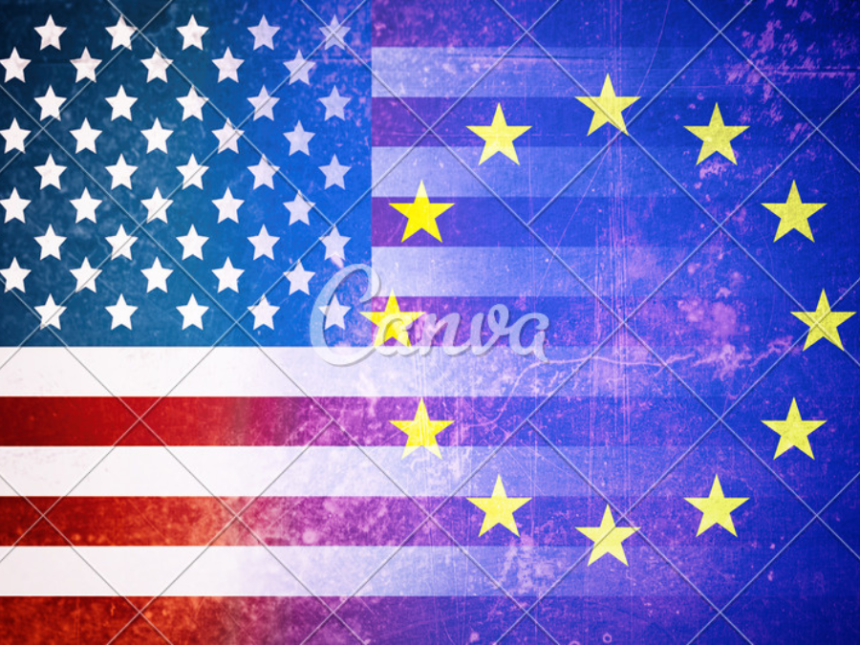 Close-ups of US and EU flags