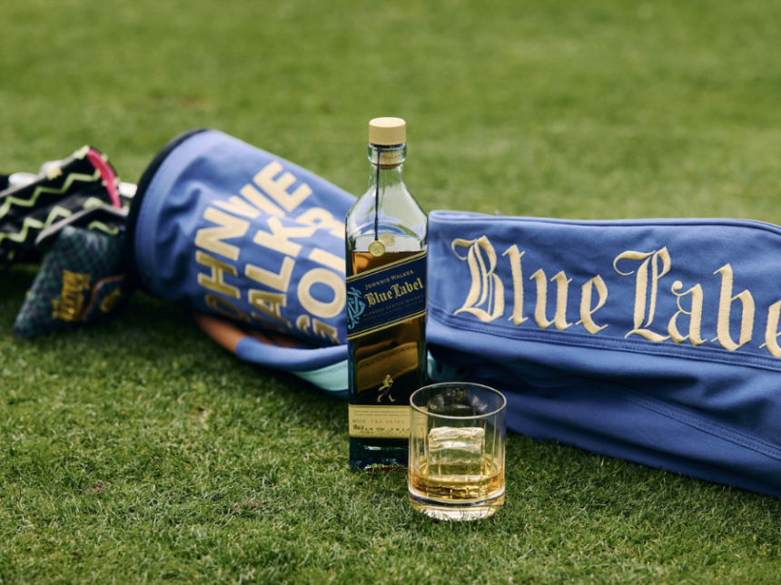 Johnnie Walker Blue Label bottle and golf bag