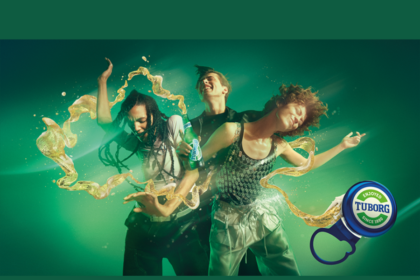 People dancing with Tuborg bottle cap to the side