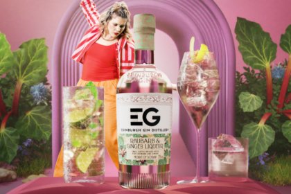 Edinburgh Gin Rhubarb & Liqueur bottle next to two serves