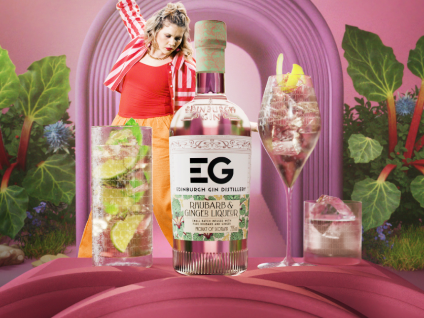 Edinburgh Gin Rhubarb & Liqueur bottle next to two serves