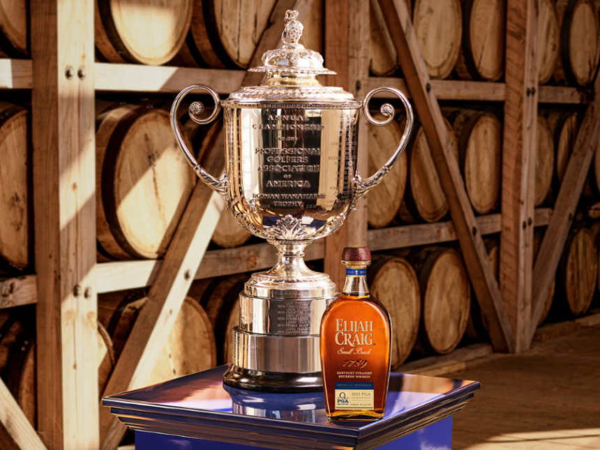 PGA Championship trophy next to Elijah Craig bottle