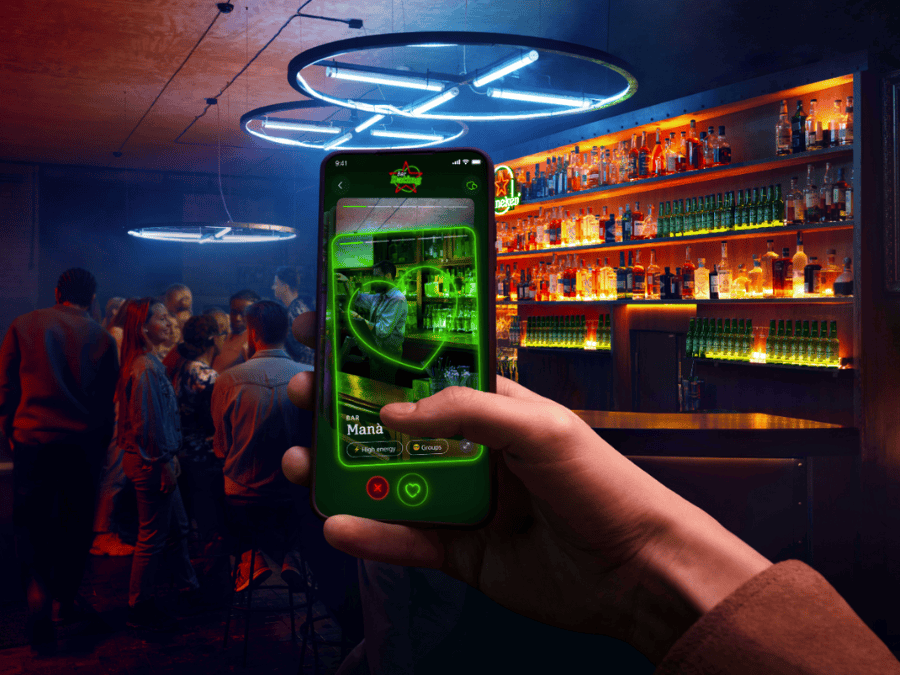 Heineken's dating app on phone in bar