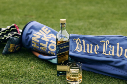 Johnnie Walker Blue Label bottle and golf bag