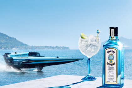 Bombay Sapphire bottle and serve with E1 boat on water