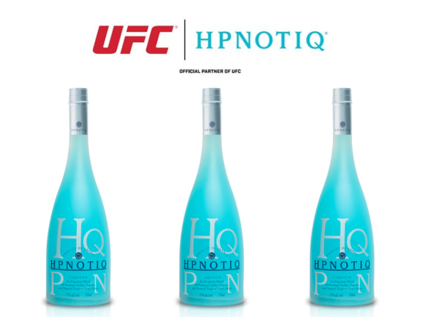 Hipnotiq and UFC logos with Hpnotiq bottles