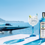 Bombay Sapphire bottle and serve with E1 boat on water
