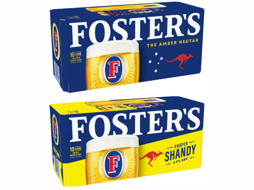 Foster's lager and shandy boxes with rebrand