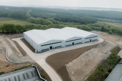 Aerial view of warehouses at International Beverage facility in Airdrie, Scotland