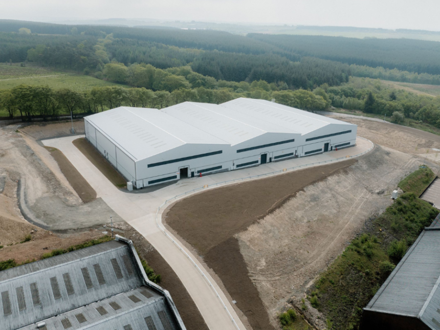 Aerial view of warehouses at International Beverage facility in Airdrie, Scotland