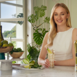 Sophie Turner with St-Germain bottle on a bar