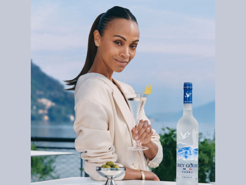 Zoe Saldaña with Grey Goose bottle and serve