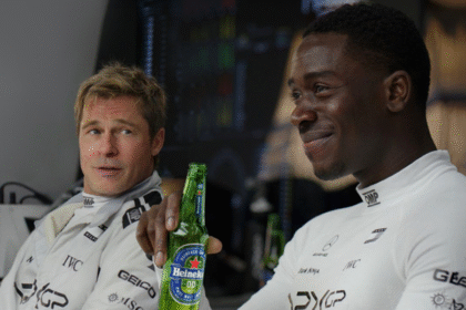 Brad Pitt and Damson Idris holding Heineken 0.0 bottle