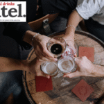 Four drinks on a pub table from above