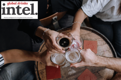Four drinks on a pub table from above