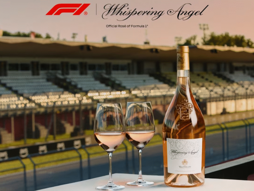 Whispering Angel bottle and glasses by F1 track