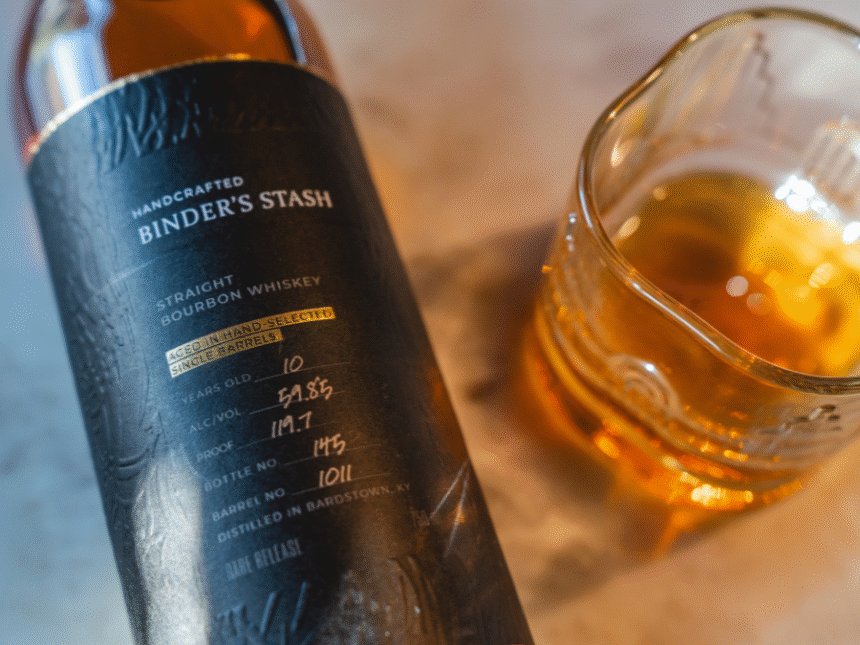 Binder's Stash bottle and glass
