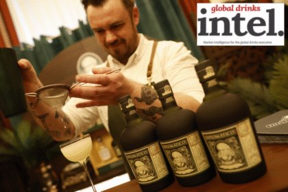Diplomatico rum - three bottles - on a bar as a cocktail is prepared