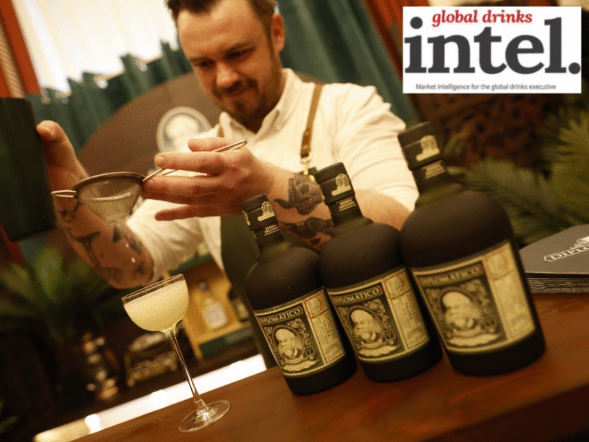 Diplomatico rum - three bottles - on a bar as a cocktail is prepared