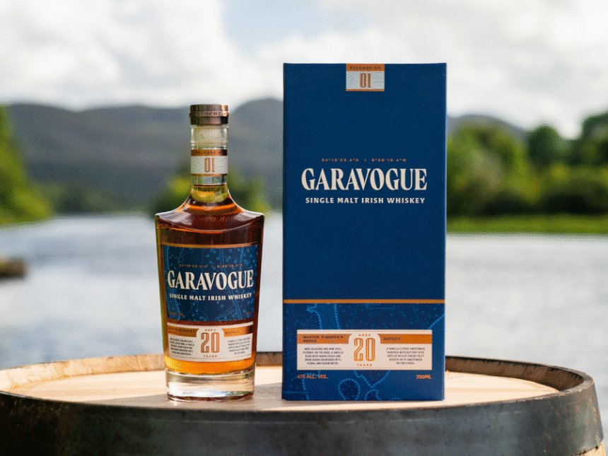 Garavogue 20-Year-Old Single Malt Irish Whiskey bottle and box