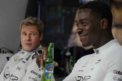Brad Pitt and Damson Idris holding Heineken 0.0 bottle