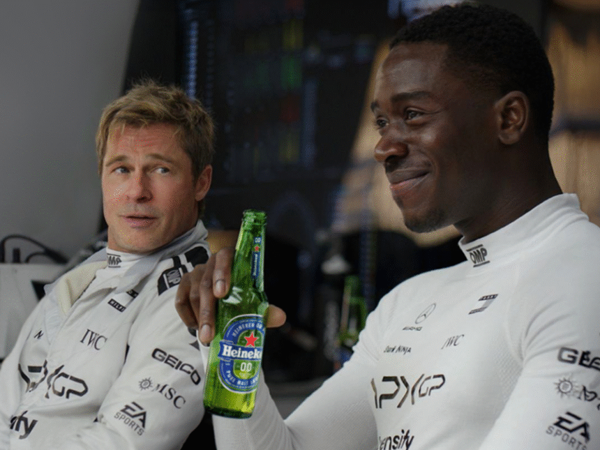 Brad Pitt and Damson Idris holding Heineken 0.0 bottle