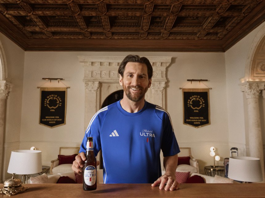 Lionel Messi with Michelob Ultra bottle