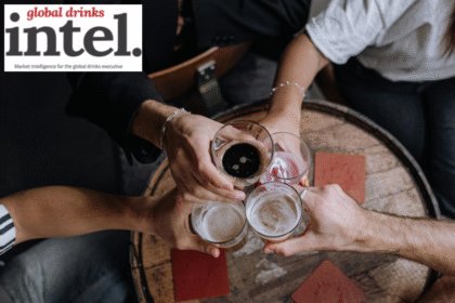 Four drinks on a pub table from above