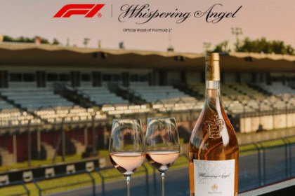 Whispering Angel bottle and glasses by F1 track
