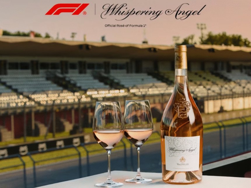 Whispering Angel bottle and glasses by F1 track