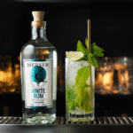 Merser white rum bottle and serve