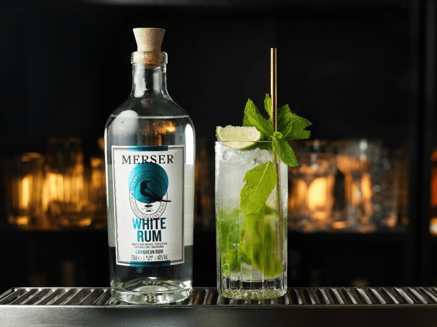 Merser white rum bottle and serve