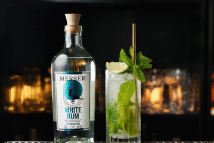 Merser white rum bottle and serve