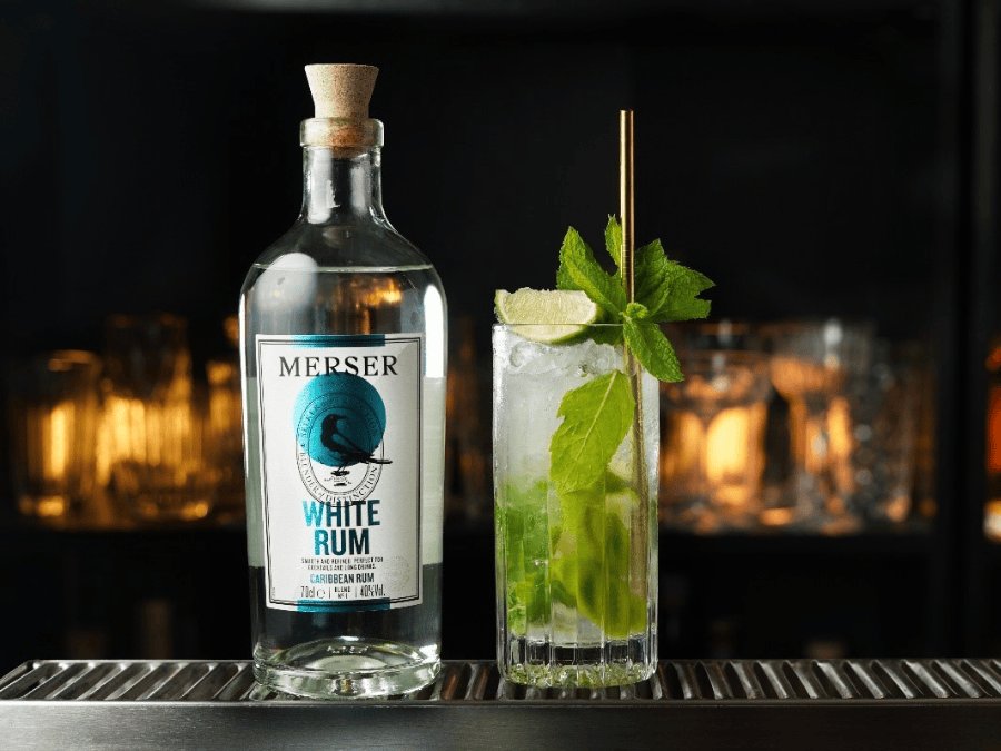 Merser white rum bottle and serve