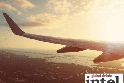 View from aeroplane of sunset over the sea, including the wing
